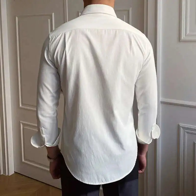 Leisure British Business Shirt Design British Men Cuba Collar Slim Solid White Shirt Camisa Social Masculina Men Shirt