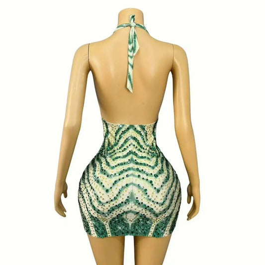 Sexy Sparkly Rhinestones Bandage Backless Dress Women Birthday Celebrate Evening Show Outfit Daily Journey Costume Stage Wear
