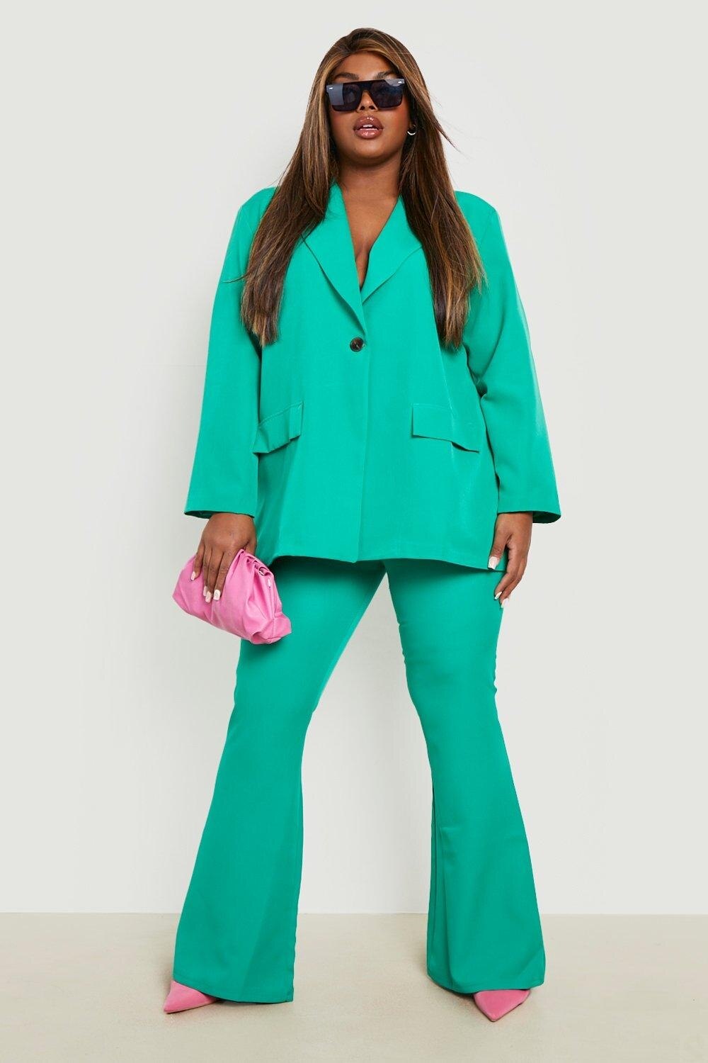 Conjunto de pantalón y traje para mujer, color verde caramelo, talla grande, blazer, pierna ancha, doble botonadura, vestido de fiesta para oficina y graduación 