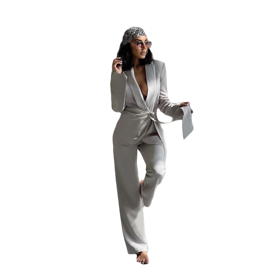 2 Piece Set (Blazer + Pants) Loose Sexy Women's Suit Set With Belt Everyday Casual Wide Leg Pants Formal Evening Dress Custom