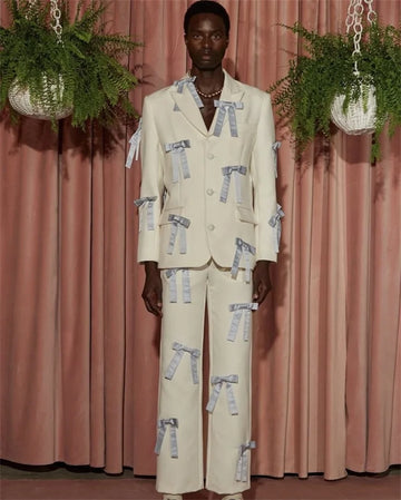 Bow White Formal Men Suit Pants Set 2 Piece Blazer+Trouser Customized Office Business Jacket Cotton Prom Wedding Tuxedo Coat