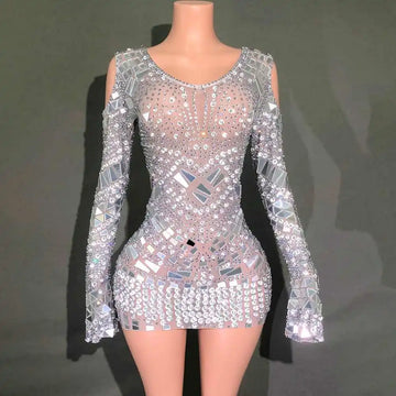 Sparkly Rhinestones Mirrors Short Skirt for Women Sexy Long Sleeve Transparent Evening Prom Birthday Dress Photo Shoot Wear