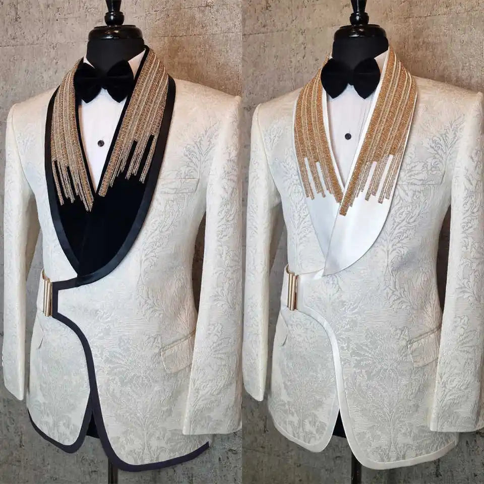 Fashion Wedding Tuxedos With Buckle Beaded Jacquard Men Suits  Shawl Lapel 1 Piece Set Jacket Handsome Groom Blazers Customized