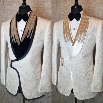 Fashion Wedding Tuxedos With Buckle Beaded Jacquard Men Suits  Shawl Lapel 1 Piece Set Jacket Handsome Groom Blazers Customized