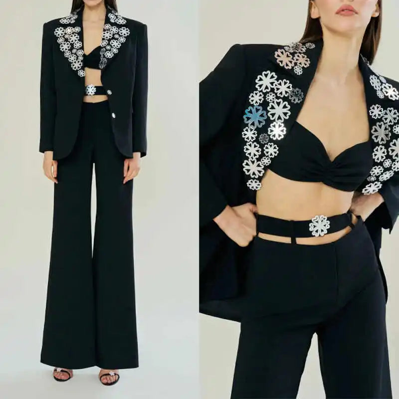 Luxurious Women's Suit 2 Piece Jacket Pant Crystal Applique Single Breasted Peaked Lapel Formal Occasion Banquet Customized