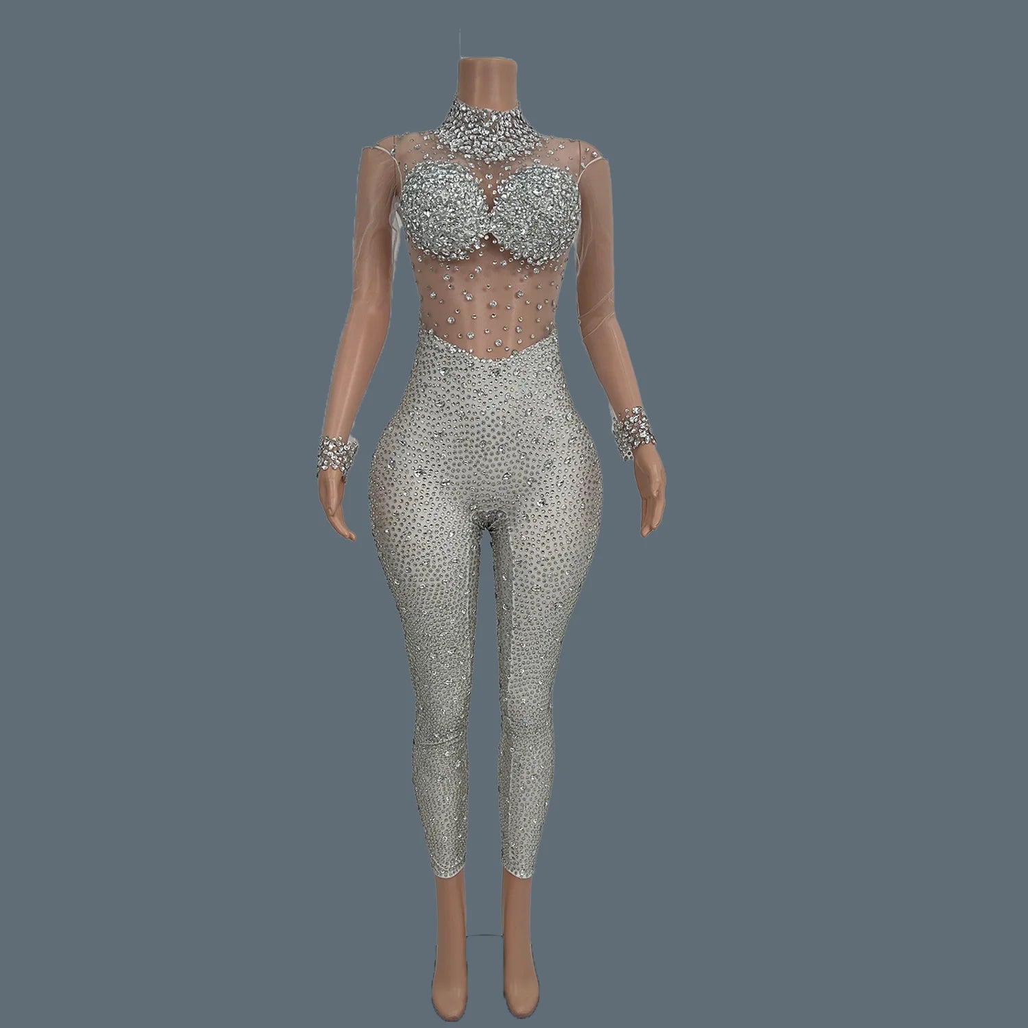 Sexy Sparkly Crystal See Through Mesh Sleeved Jumpsuit Party Celebrate Spandex Leggings Women Dance Photograph Wear