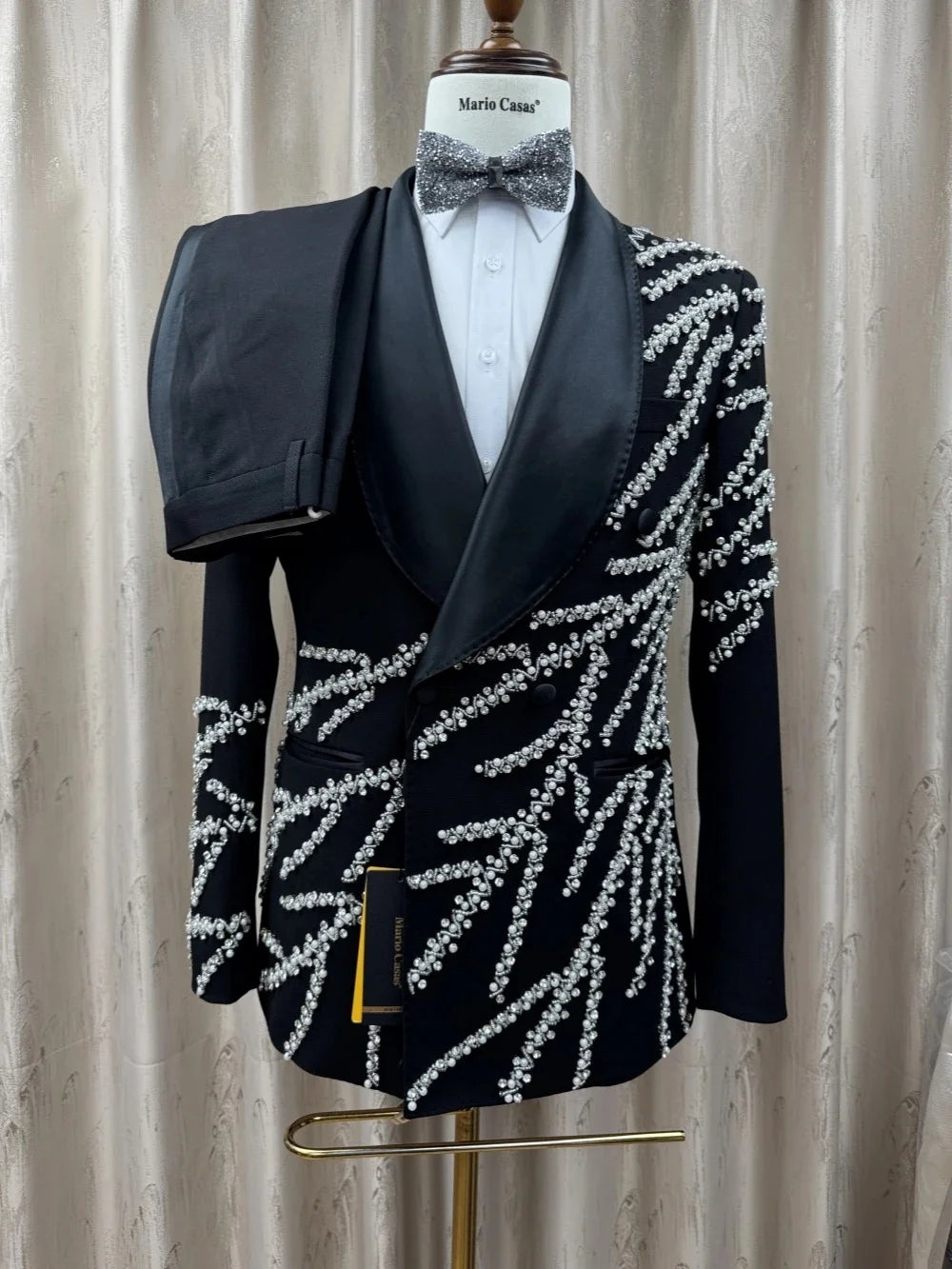 Luxury Men's Suit Pearls Rhinestone Shawl Lapel 2 Pieces Set Jacket Tailor-Made Blazer Double Breasted Customized Coat Pants