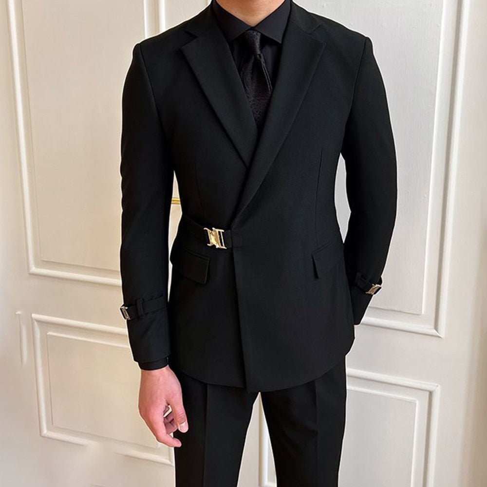 Veste de costume noire de style britannique pour homme, tenue professionnelle décontractée, tenue formelle, ceinture croisée 