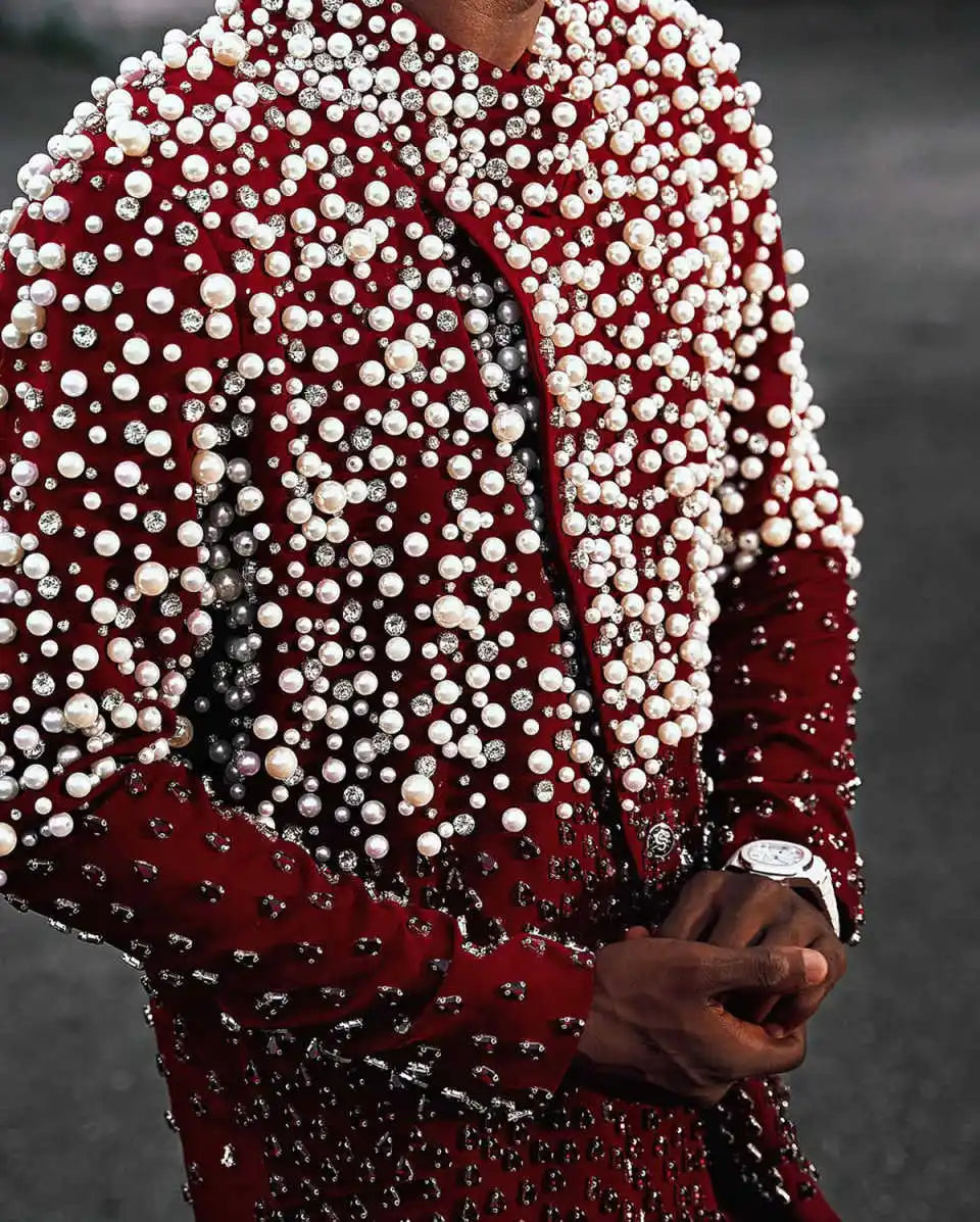 Tailored Mens Fashion Suits 2 Pieces Pearls Crystal Beads Groom Tuxedos Banquet Birthday Party Formal Wear Customized