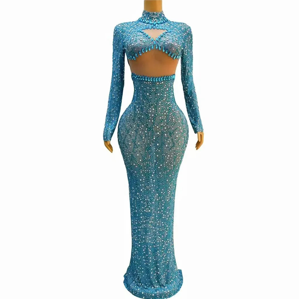 Sexy Stage Elegant Blue Shining Rhinestones Transparent Mesh Long Sleeves Dress Women Evening Party Prom Gown Red Carpet Costume