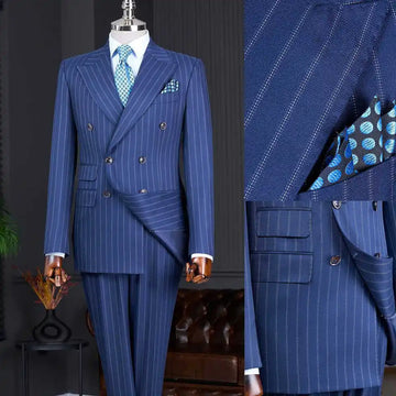 Business Blue Wedding Tuxedos 2 Piece Set Jacket Pants Peaked Lapel Men Suit Formal Trim Groom Wear Party Suits Customized