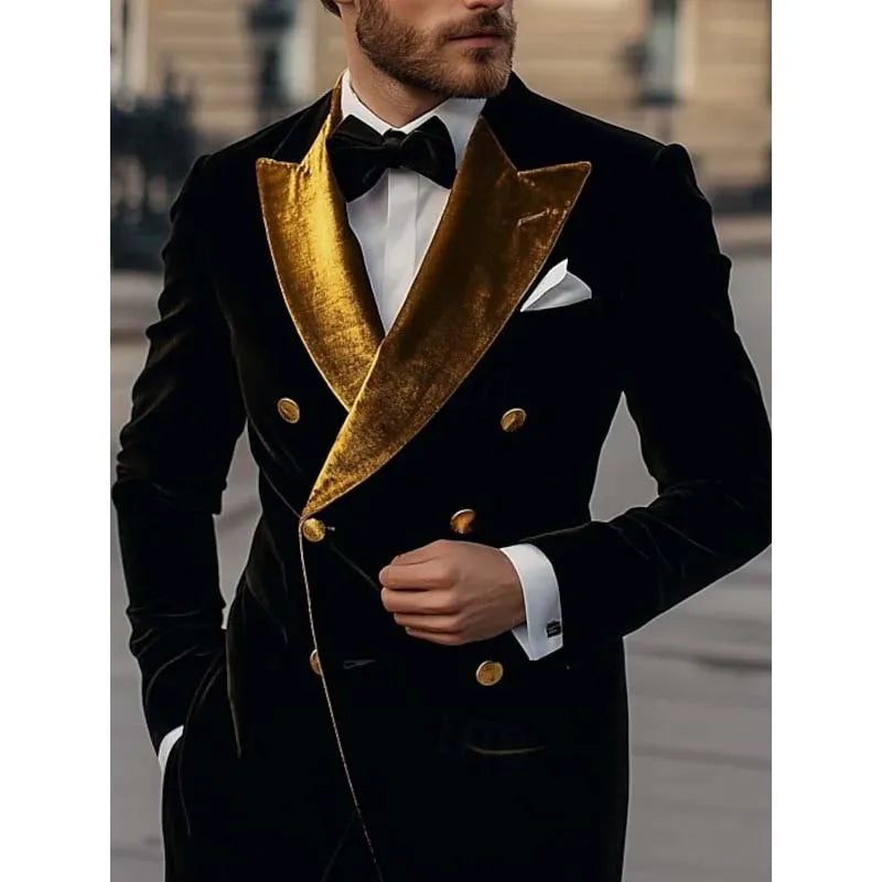 Costume 2 pièces en velours pour homme, veste croisée, revers en pointe doré, élégant, pour bal de promo, soirée, pantalon, Terno