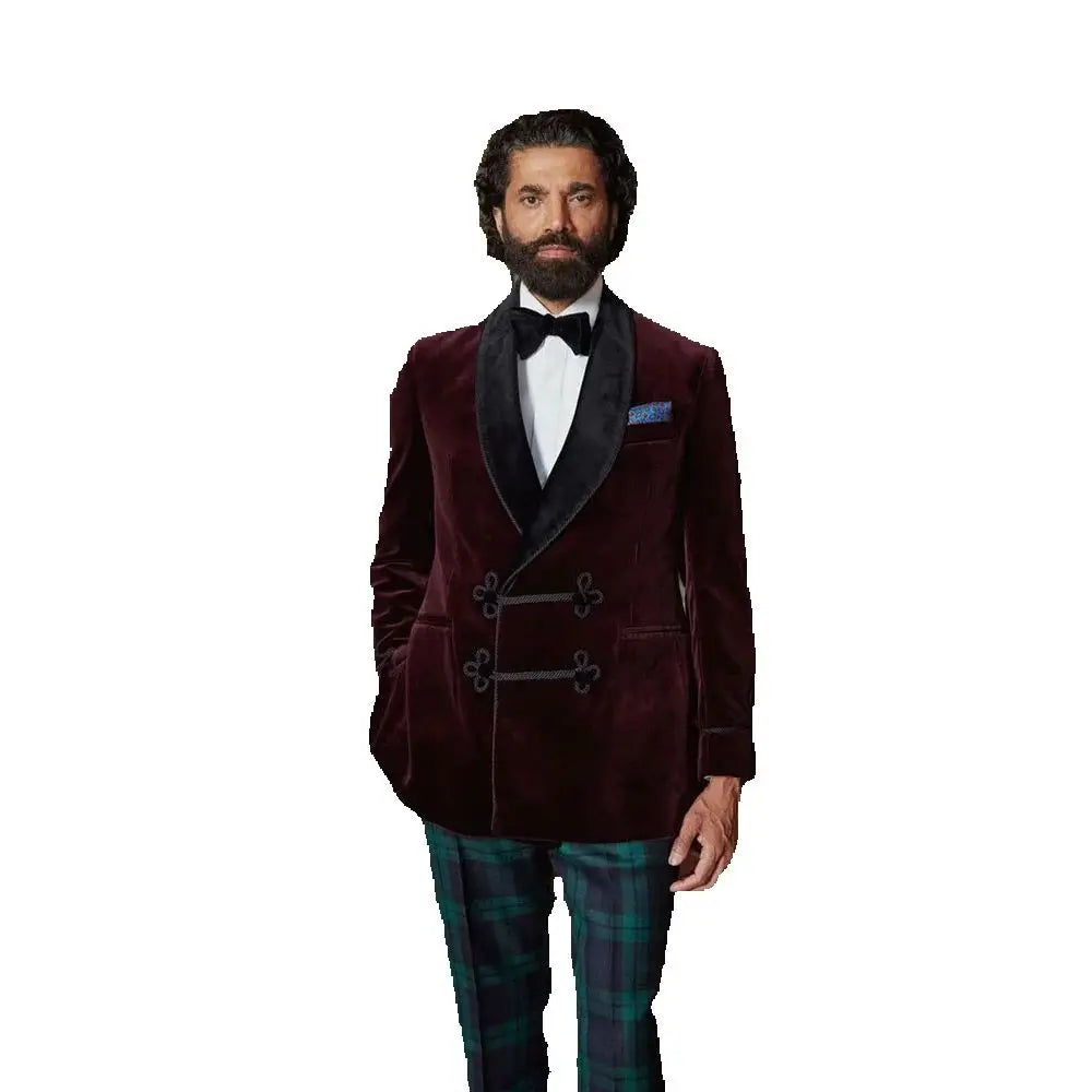 Casual Smoking Men's Suits 2 Piece Jacket Pants Velvet Shawl Lapel Skinny Male Clothing Customized Blazer