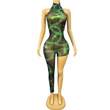 Sexy Irregularity Designed Shining Rhinestones Mirrors Mesh Bodysuit Party Show Sexy Outfit Singer Dancer Performance Stage Wear