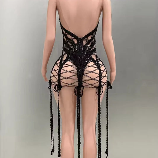 Luxurious Embroidery Diamond Long Tassel Halter Neck Mini Dress Red Carpet Goddess Dress Performance Costume