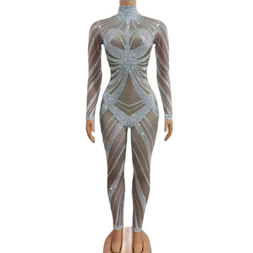 Sparkly Silver Rhinestones Stretch Jumpsuit Women Sexy Stage Dance Costume Nightclub Performance Party Birthday Rompers Jumpsuit