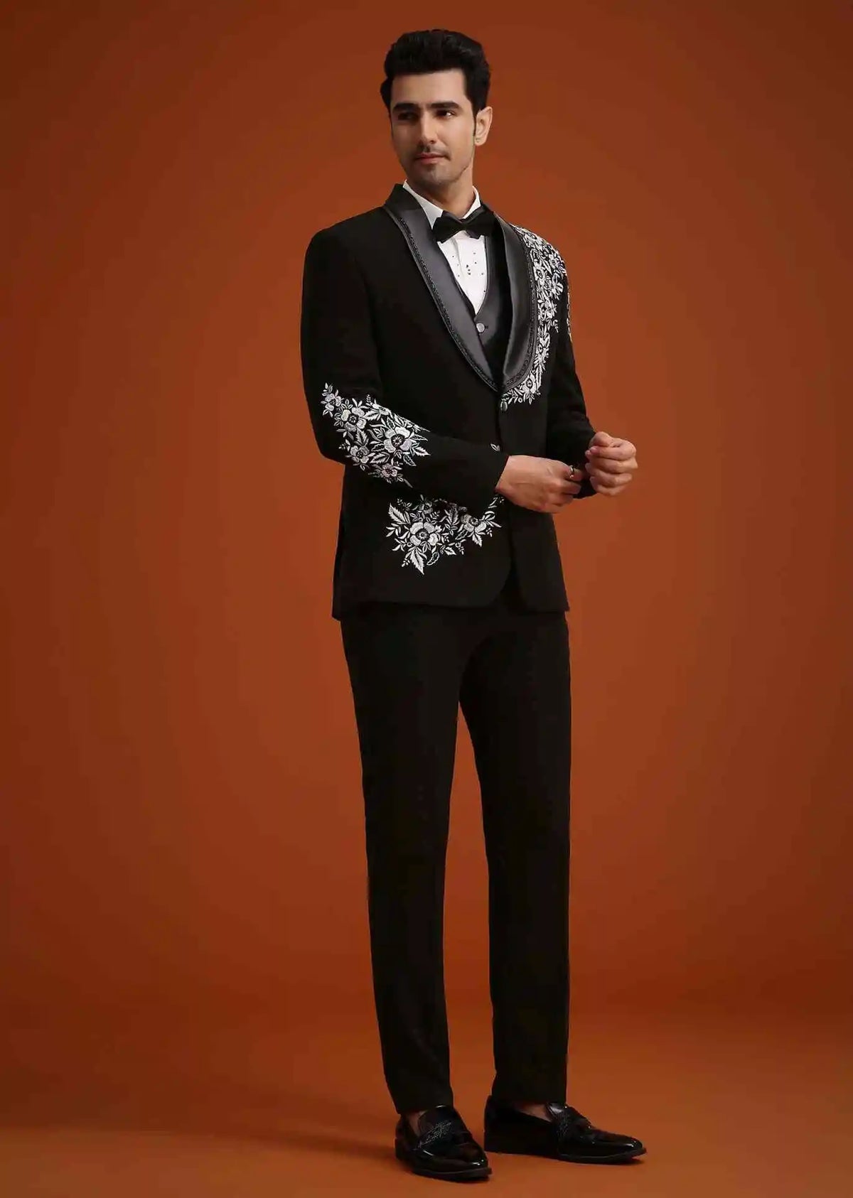 Elegant Men's Suits 2 Piece Blazer One Button Wide Satin Lapel  Appliques Wedding Formal Custom Made Plus Size Ropa Hombre