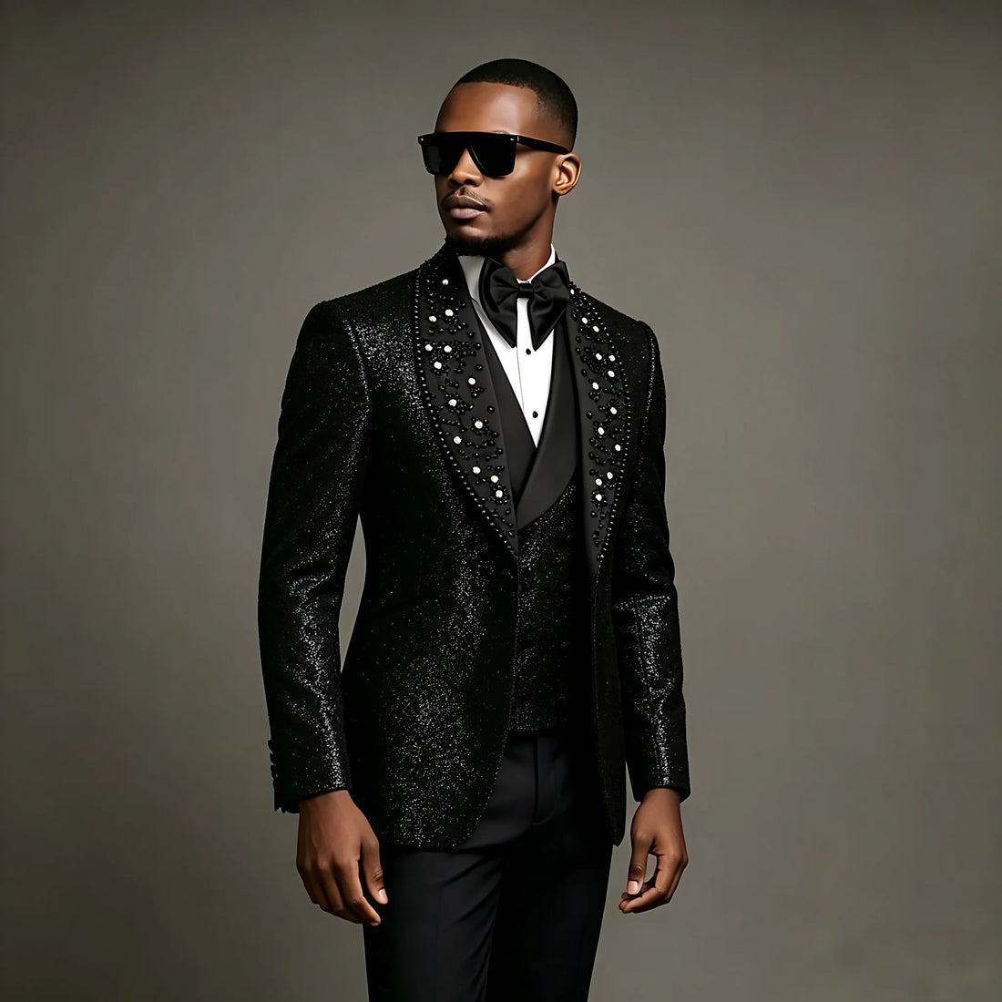 Shiny Black Men Suits 3 Pieces Business Blazer Vest Pants Beads Wedding Groom Prom Wear Party Formal Customized