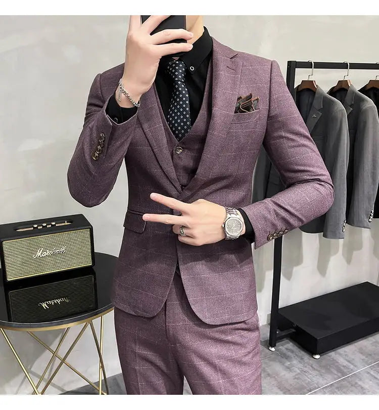 (Traje + chaleco + pantalones) Traje elegante de negocios a cuadros para hombre, corte entallado, informal, conjunto de 3 piezas