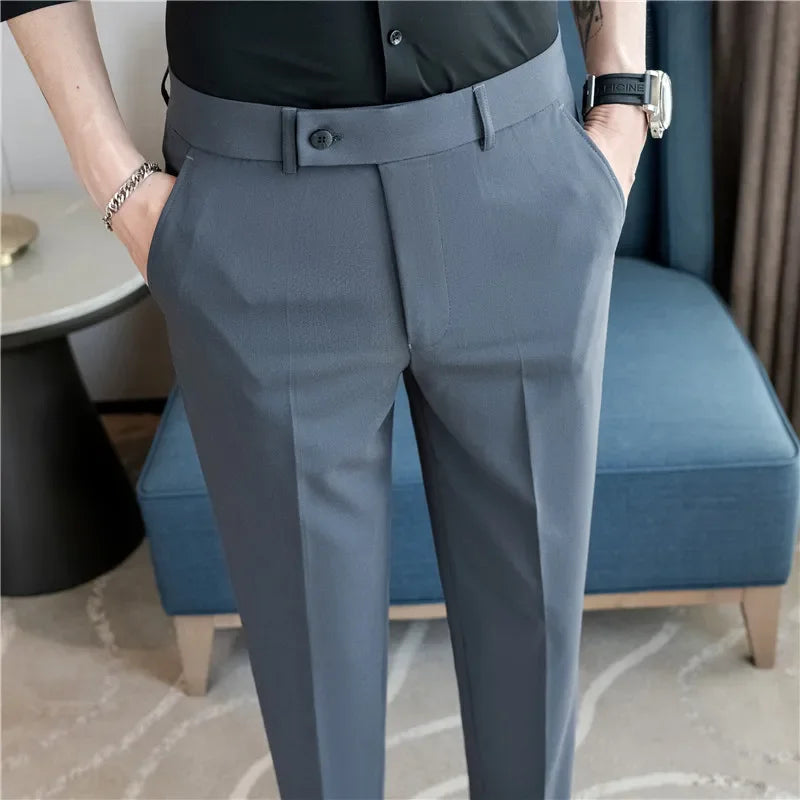 Thin White Elastic Nine Cent Suit Pants for Men,gray Blue Four-side Elastic Comfortable Drape Men's Casual Trousers