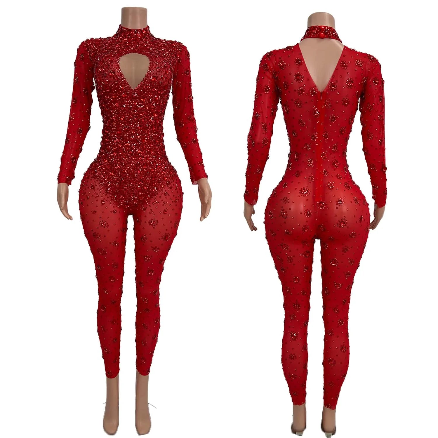 Combinaison fourreau sexy en maille avec strass rouges scintillants, tenue de soirée, de spectacle, de discothèque, de chanteur, de danseuse, tenue de scène 