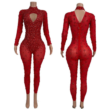 Combinaison fourreau sexy en maille avec strass rouges scintillants, tenue de soirée, de spectacle, de discothèque, de chanteur, de danseuse, tenue de scène 