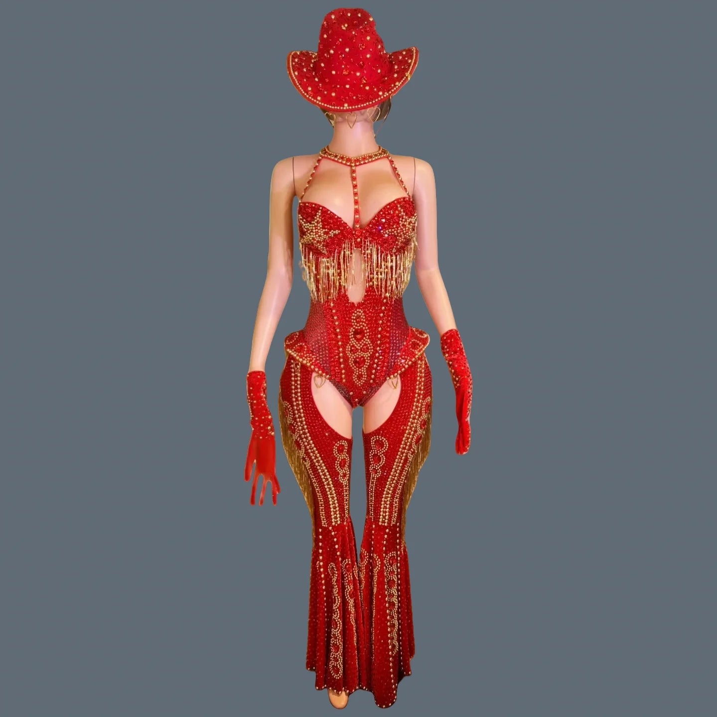 Body rouge scintillant à strass pour femme, ensemble 4 pièces, tenue de soirée, de spectacle, de cabaret, de carnaval, de danseuse, sexy
