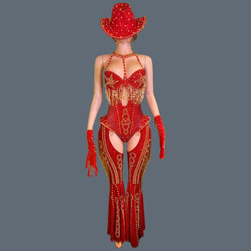 Body rouge scintillant à strass pour femme, ensemble 4 pièces, tenue de soirée, de spectacle, de cabaret, de carnaval, de danseuse, sexy