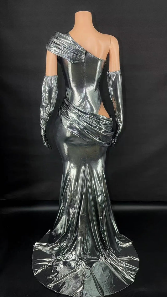 Robe longue à paillettes argentées et miroir pour femme, tenue de soirée, de danse, de bar ou de chanteuse