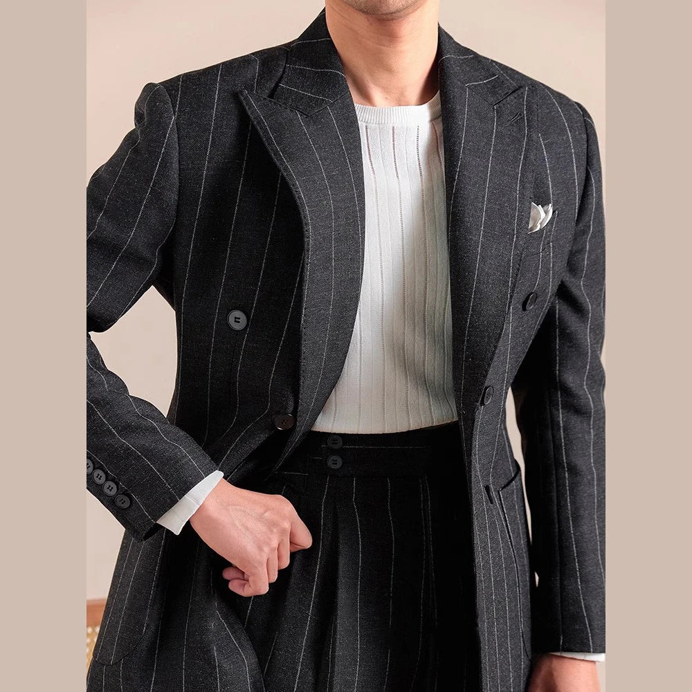 Luxury Stripe Business Suits for Men Double Breasted Formal Casual Dress Suits 2 Pieces Elegant Costume Homme Men Tuxedo Suit