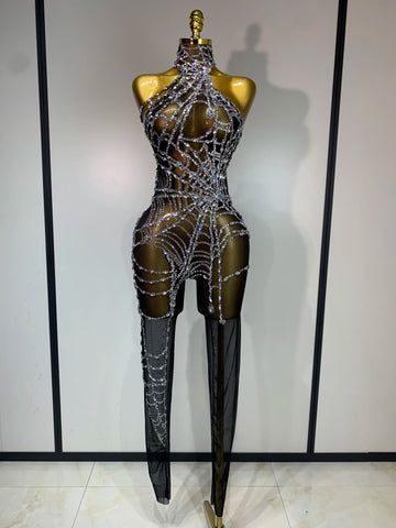 Sparkly Diamond Women Sexy Mesh Jumpsuit Nightclub Bar Party Show Gogo Dancer Clothing Drag Queen Outfit Stage Costume