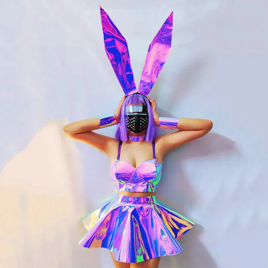 Purple Laser Short Dress Headgear Anime Cosplay Costume Women Bar Nightclub Gogo Sexy Stage Wear Halloween Party Festival Outfit