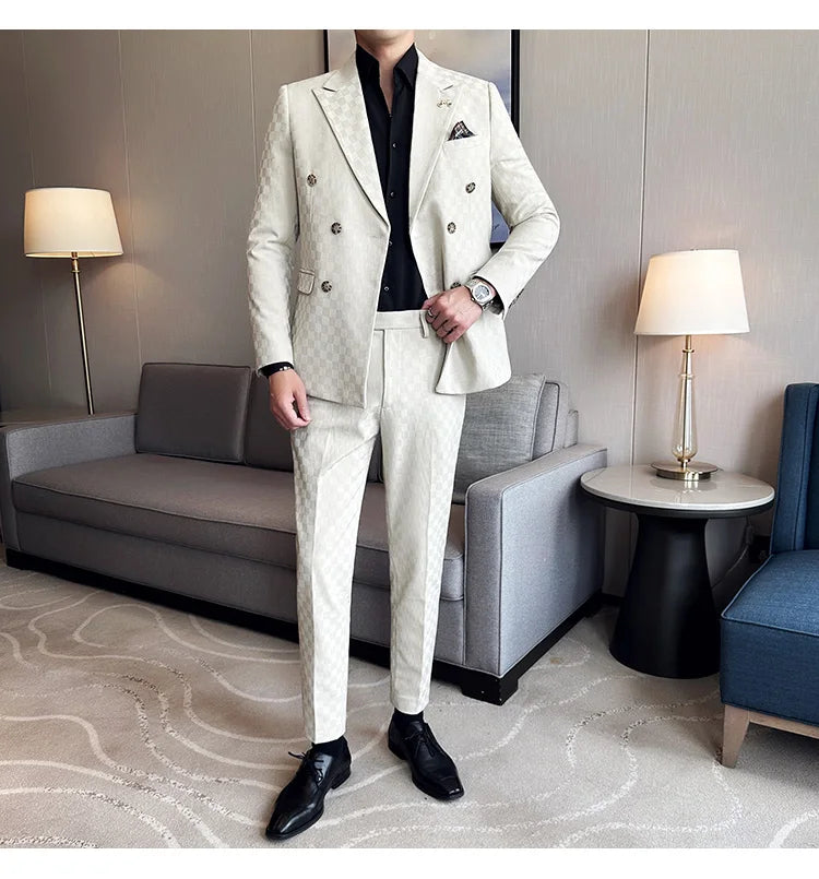 Elegant Double-Breasted Navy Checker Suit for Men – Custom Tailored Business & Wedding Attire, Stylish Formalwear Set