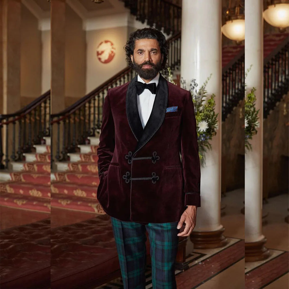 Casual Smoking Men's Suits 2 Piece Jacket Pants Velvet Shawl Lapel Skinny Male Clothing Customized Blazer