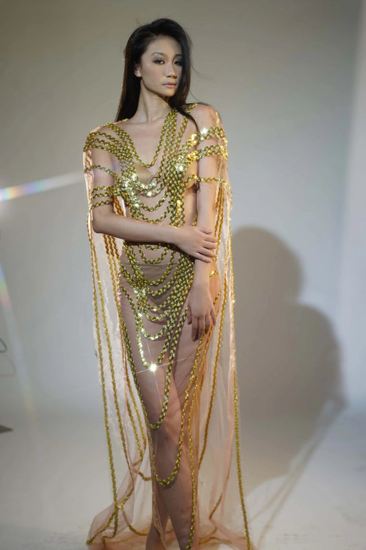 Sparkly Gold Sequins Mesh Celebrate Evening Prom Gown Long Dress Birthday Outfit Singer Stage Wear Show Costume