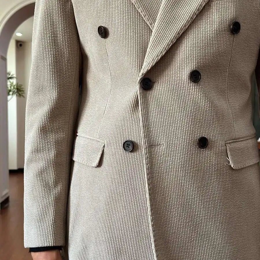 Autumn Thick Corduroy Groom Men Suit Designers Slim Fit Business Casual Double Breasted Suit Set Trend