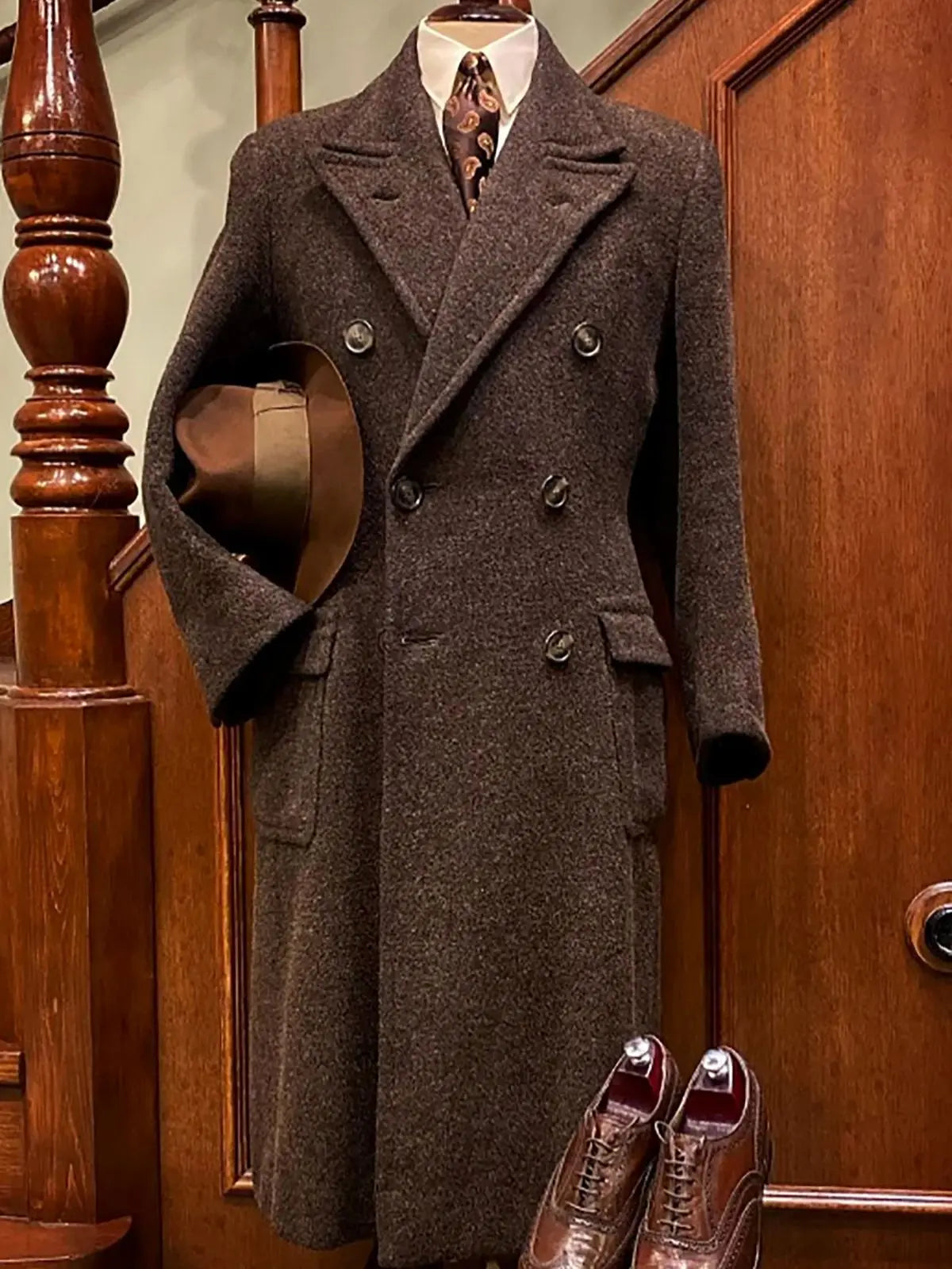 Vintage Men's Tweed Long Overcoat Wool Cotton Peak Lapel Suits Double Breasted 1 Piece Coat Formal WindBreaker Customized