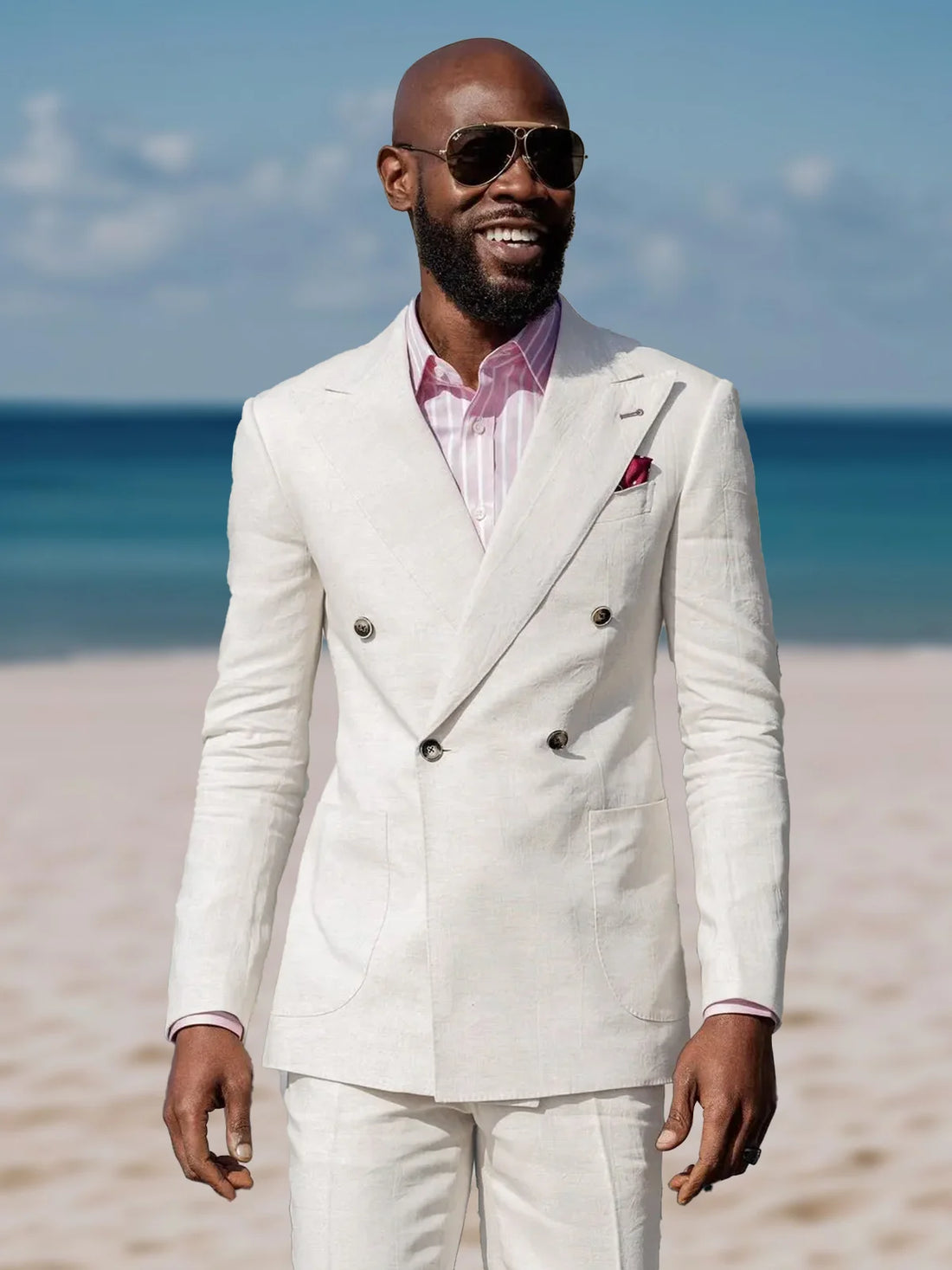 Beach Summer Linen Suit for Men Double Breasted Peaked Lapel Slim Fit Blazers Masculino with Pants Casual Completo Uomo Tuxedo