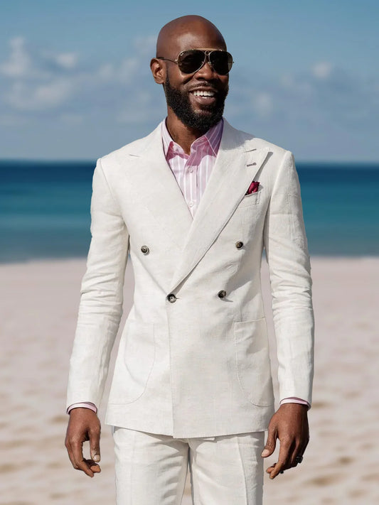 Beach Summer Linen Suit for Men Double Breasted Peaked Lapel Slim Fit Blazers Masculino with Pants Casual Completo Uomo Tuxedo