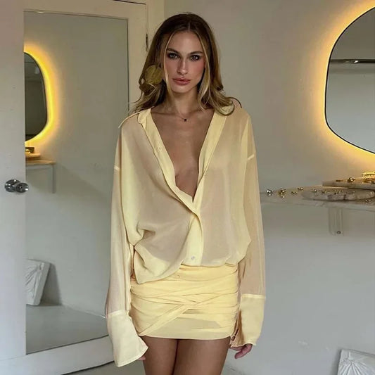 Fashion Shirt Dress Women's Sexy Lapel Slim Hip Single Breasted Short Dress New Pleated See-through Dress Vestidos