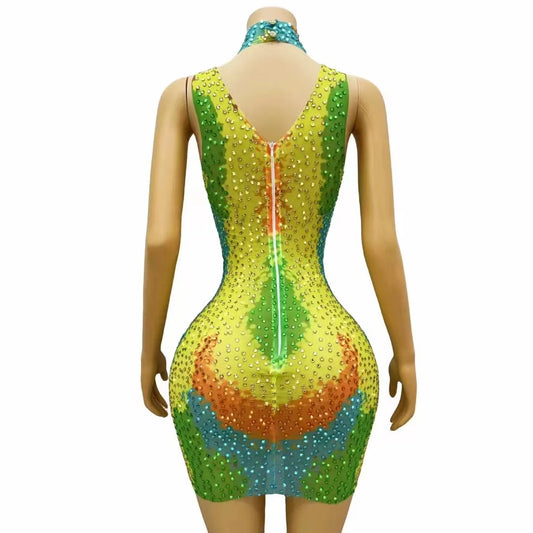 Sexy Stage Yellow Green Rhinestones Sleeveless Dress Woman Dance Outfit Birthday Party Club Dance Photoshoot Costume