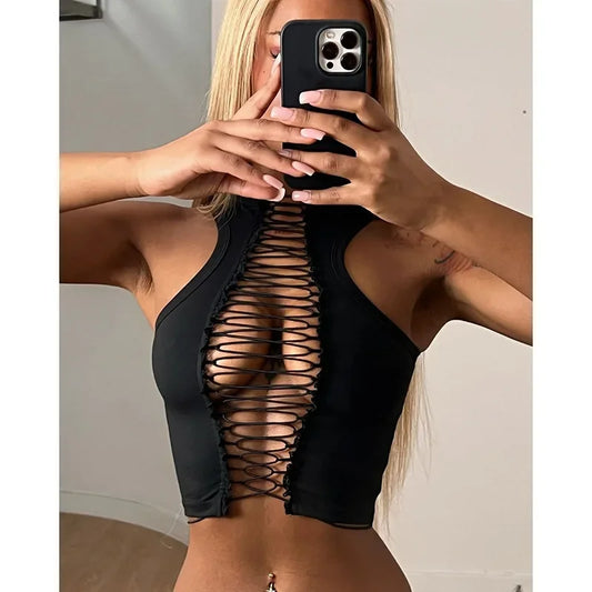 Sexy Bandage Sleeveless Top Belly Baring Versatile Slim Fit Vest Spring New Style Cross-Border Fashionable Women's T-shirt