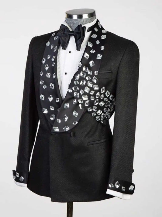 Gorgeous Wedding Tuxedos Crystal Double Breasted Men Suit Shawl Lapel 1 Piece Set Jacket  Groom Blazers Prom Party Customized