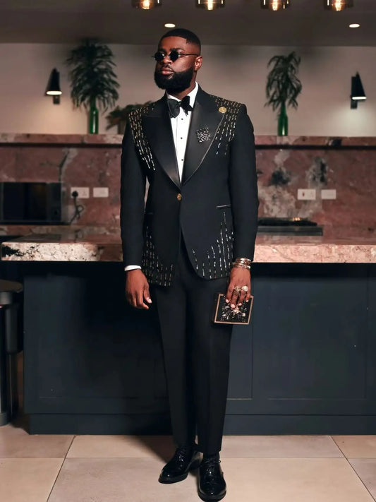 Crystals Black Men Suit Set 2 Pcs Blazer+Pants Trousers Luxury Groom Wedding Tuxedo Formal Office Jacket Cotton Coat Customized