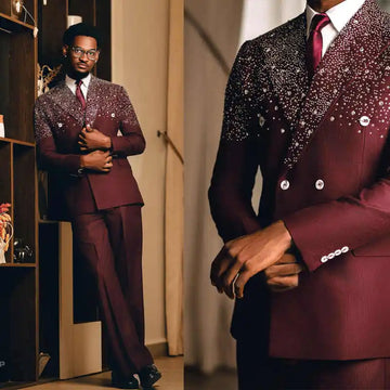 Handsome Wedding Tuxedos Double Breasted Beaded Men Suit Peaked Lapel 2 Piece Set Jacket Pants Groom Business Blazers Customized