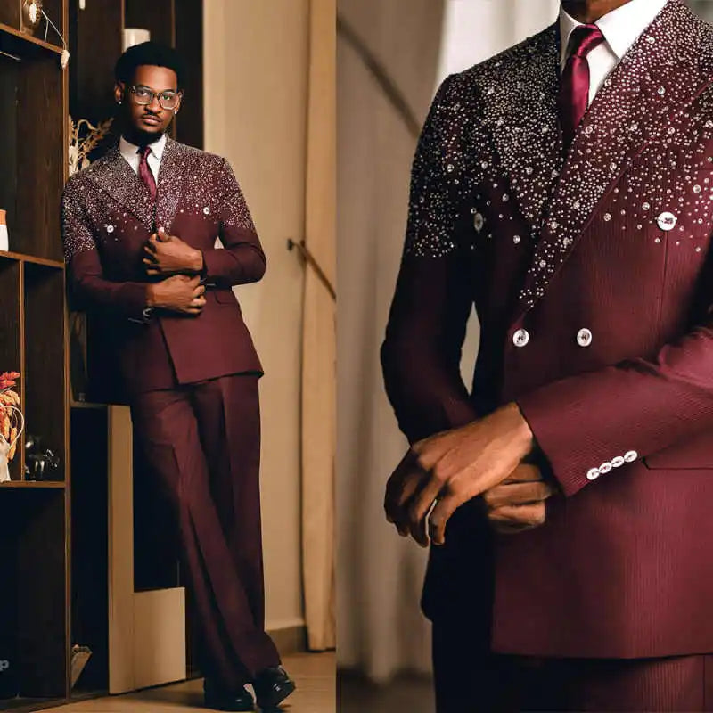 Handsome Wedding Tuxedos Double Breasted Beaded Men Suit Peaked Lapel 2 Piece Set Jacket Pants Groom Business Blazers Customized