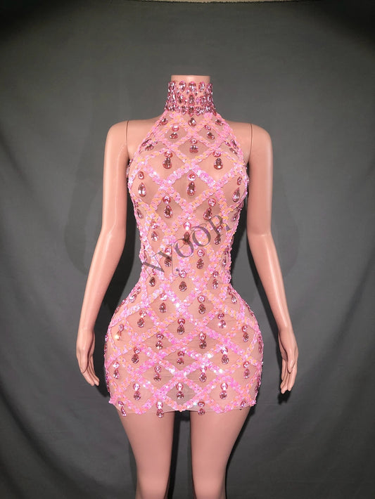 Sparkly Pink Rhinestones Short Dress for Women Sexy Sleeveless Mesh Transparent Evening Prom Birthday Dress Singer Stage Wear