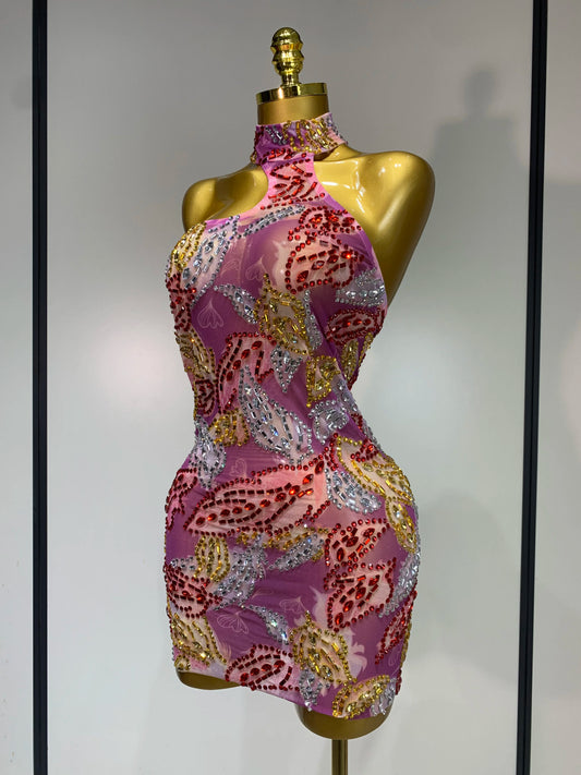 Luxury Sparkly Rhinestones Short Dress Women Sexy Mesh Party Celebrate Birthday Gown Photo Shoot Wear Performance Stage Costume