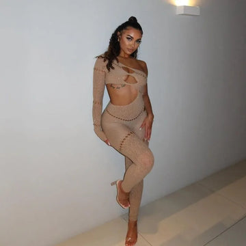 Women Sexy Diamonds Hollow Out Skinny Jumpsuits One Shoulder Long Sleeve Lace Jacqaurd High Stretch Club Party Rompers Overalls