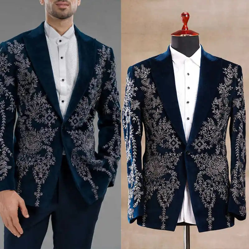 Elegant Men's Suits 2 Pieces Blazer Appliques Single Breasted Wedding Tuxedos Slim Fit Custom Made Costumes Hommes